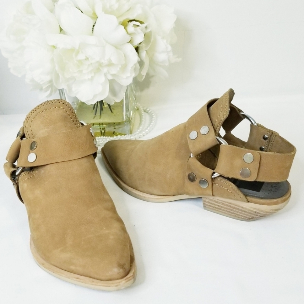 Dolce Vita Urban Slingback Tan Ankle Booties with Silver Stud Button Accents